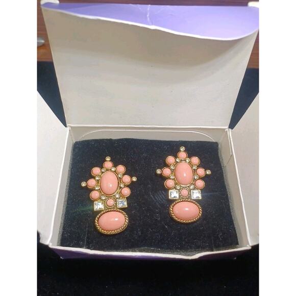 VTG 1995 Elizabeth Taylor for Avon Salmon Pink Cabochon Crystal Clip Earrings - Picture 7 of 10